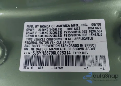 2006 Honda Element Ex-P from USA, damaged, VIN 5J6YH28706L025314